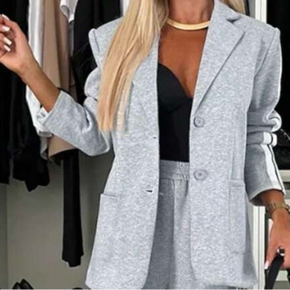 SHEIN Jackets & Blazers - SHEIN Light Gray Blazer with White Stripe Sleeve Accent